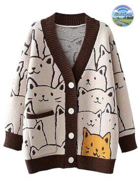 Kawaii Cat Print Knit Cardigan Oversized Loose Fit Open Front Sweater